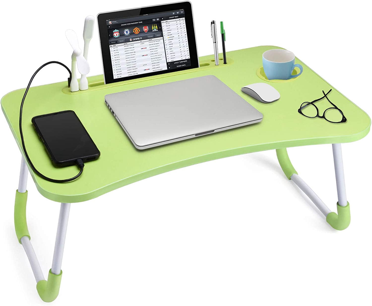Lap Desk with Cup Holder, Foldable Laptop Table for Bed, Portable Bed Desk for Laptop and Writing, Computer Tray with Tablet Slot, Notebook Stand Reading Holder for Couch Sofa Floor,Green