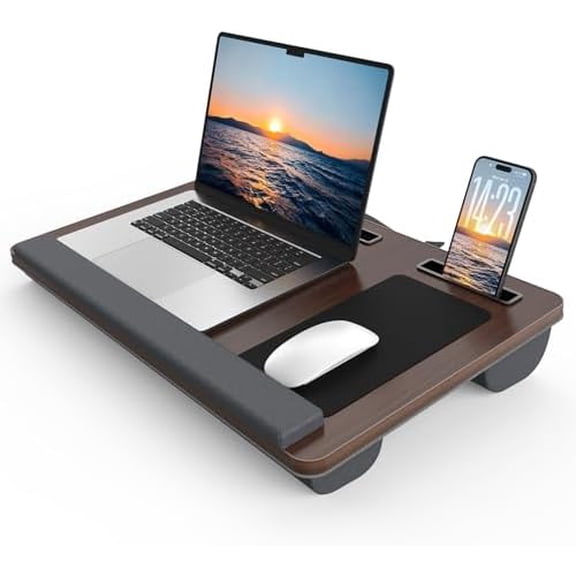 Lap Desk with Cushion, Large Laptop Desk for Adults, Up to 17" Laptop Tray for Bed with Wrist Rest, 2 Self-Adhesive Mouse Pads, Portable Handle, Tablet Phone Slot (Dark Brown)