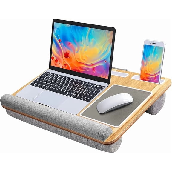 MY Lap Desk - Fits up to 17 inches Laptop Desk, Built in Mouse Pad & Wrist Pad for Notebook, Laptop, Tablet, Lap Stand with Tablet, Pen & Phone Holder, Wood Grain