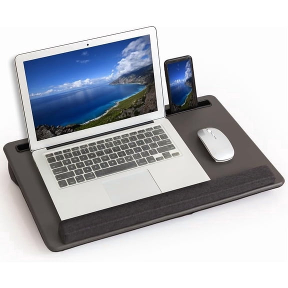 Lap Desk Home Office Lap Desk Portable Laptop Desk for Left Right - Handers with Whole Mouse Pad Wrist Pad Dual Cushion Phone Tablet Slots Fits Up to 17 Inch Laptops