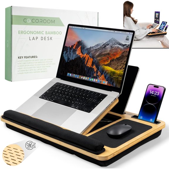 Lap Desk for Laptop Bed Desk Tray Table with Cushion, 5 Angles, Phone & Tablet Holder, Mouse Pad & Ventilation Laptop Stand, Lap Table, Couch Desk for 15-17 Laptops (Black)