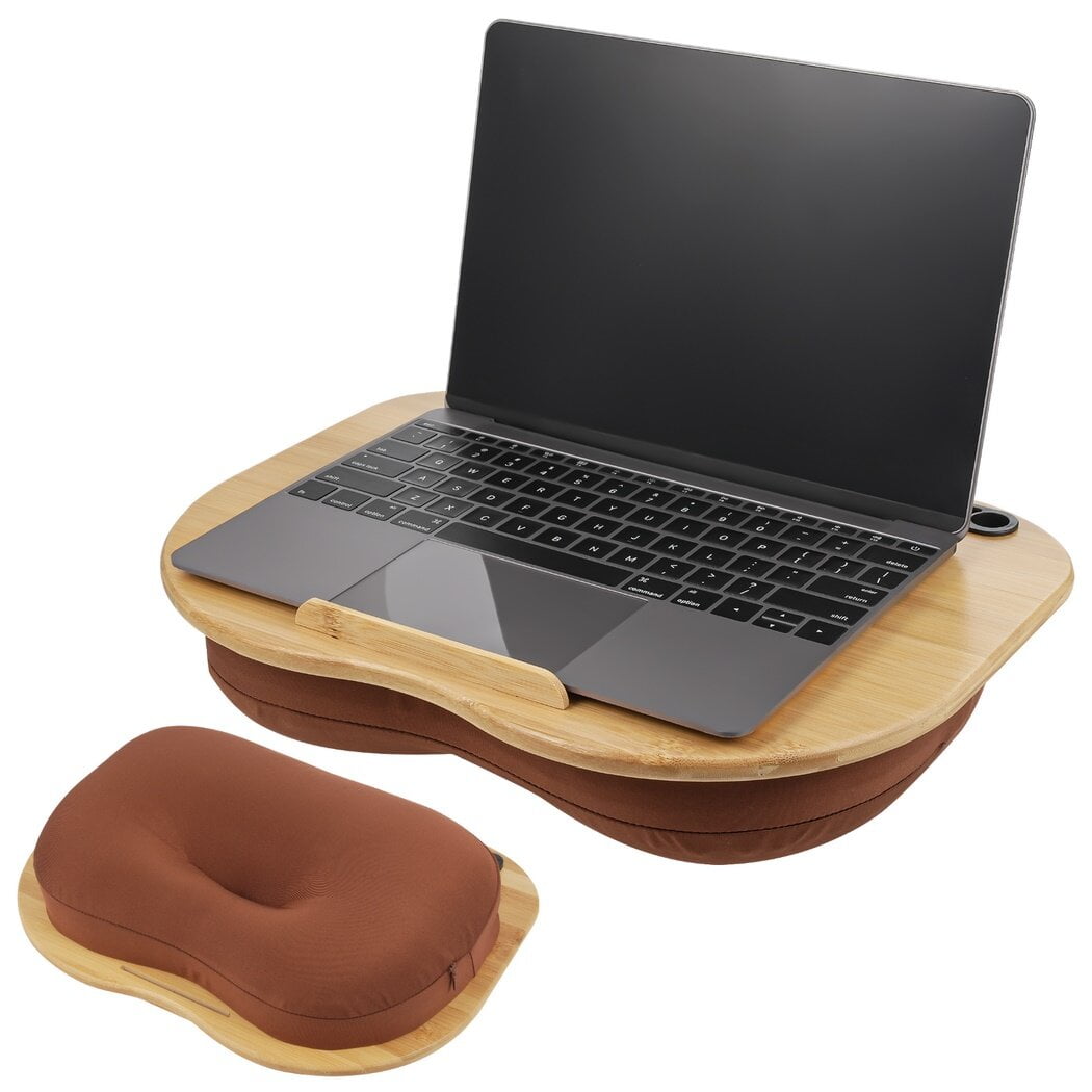 "Bamboo Lap Desk with Cushion, Portable Laptop Stand with Slot