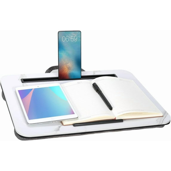 Lap Desk, Portable Laptop Desk Fits Up to 16“ Laptops, with Tablet Slot, Built-in Cushion, Great for Home & Office,Lap Desk for Laptop,Lap Desk with Cushion (White Marble, Medium)