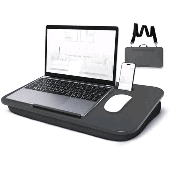 Lap Desk | Portable Laptop Desk  Fits Up to 17.3" Laptops  Washable Cushion, Adjustable Strap, Phone Holder  Ideal for Short Road Trips or Writing, Working, Reading on Bed, Couch  Black$$Office