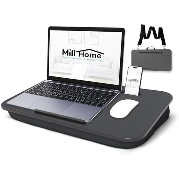 Lap Desk | Portable Laptop Desk  Fits Up to 17.3" Laptops  Washable Cushion, Adjustable Strap, Phone Holder  Ideal for Short Road Trips or Writing, Working, Reading on Bed, Couch  Black$$Office