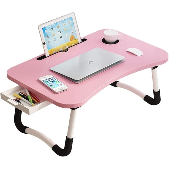 Lap Desk with Storage Drawer, Holders for Cup and Tablet for Kids and Adults, Tray Table with Foldable Legs, Laptop Bed Stand, Portable Standing Table for Sofa Couch Floor (23.6", Pink)