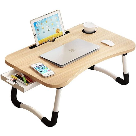 Lap Desk with Storage Drawer, Holders for Cup and Tablet, Laptop Bed Tray Table with Foldable Legs, Laptop Bed Stand, Portable Standing Table for Sofa Couch Floor (23", Walnut)