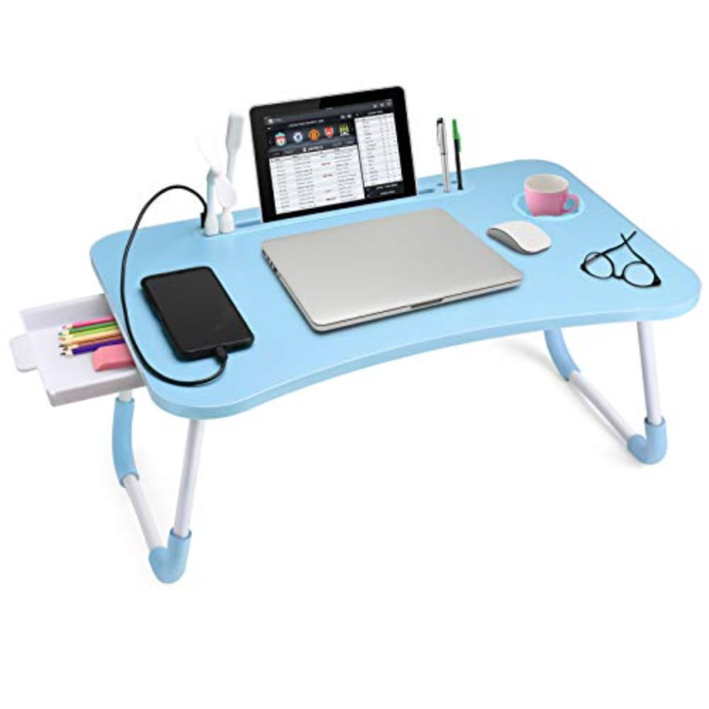 Lap Desk with Tablet Slot, Foldable Laptop Table with Storage Drawer for Bed Portable Bed Desk for Laptop, Computer Tray with Cup Holder Notebook Stand Reading Holder for Couch Floor