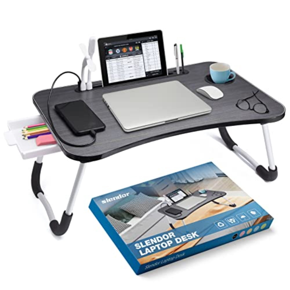 Lap Desk with Tablet Slot, Foldable Laptop Table with Storage Drawer for Bed Portable Bed Desk for Laptop, Computer Tray with Cup Holder Notebook Stand Reading Holder for Couch Floor
