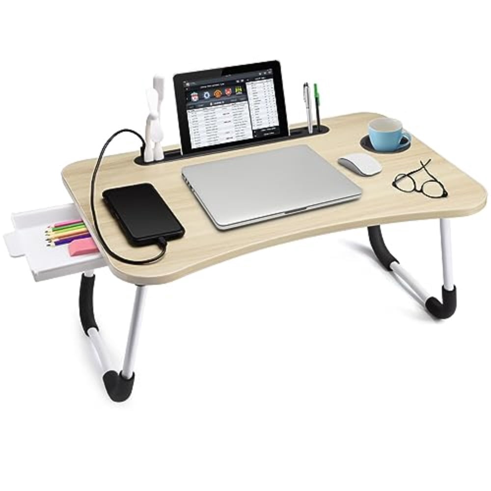Lap Desk with Tablet Slot, Foldable Laptop Table with Storage Drawer for Bed Portable Bed Desk for Laptop, Computer Tray with Cup Holder Notebook Stand Reading Holder for Couch Floor