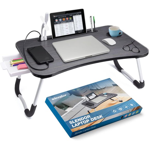Lap Desk with Tablet Slot, Foldable Laptop Table with Storage Drawer for BedPortable Bed Desk for Laptop, Computer Tray with Cup Holder Notebook Stand Reading Holder for Couch Floor, Black