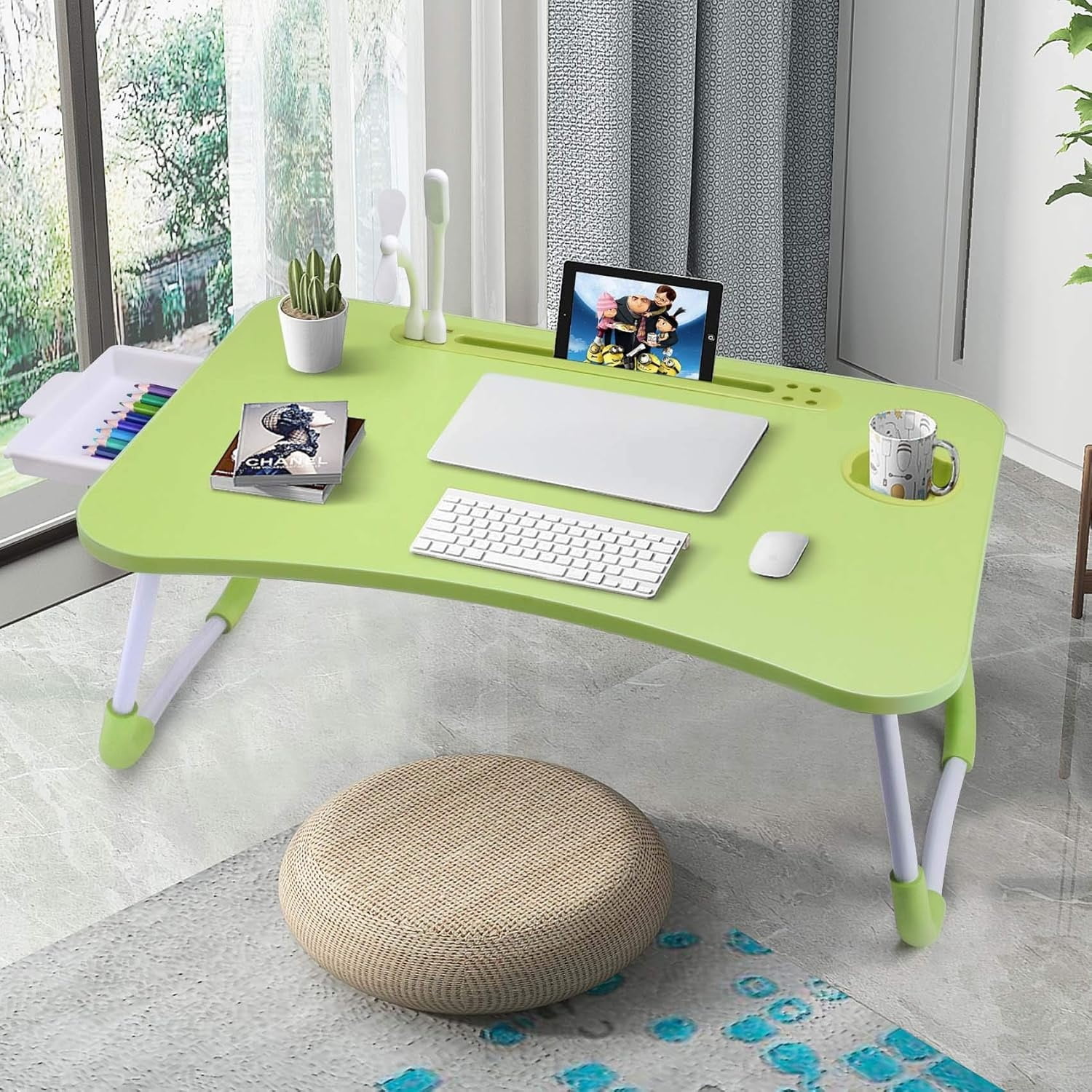 Lap Desk with Tablet Slot, Foldable Laptop Table with Storage Drawer for Bed，Portable Bed Desk for Laptop, Computer Tray with Cup Holder Notebook Stand Reading Holder for Couch Floor, Green