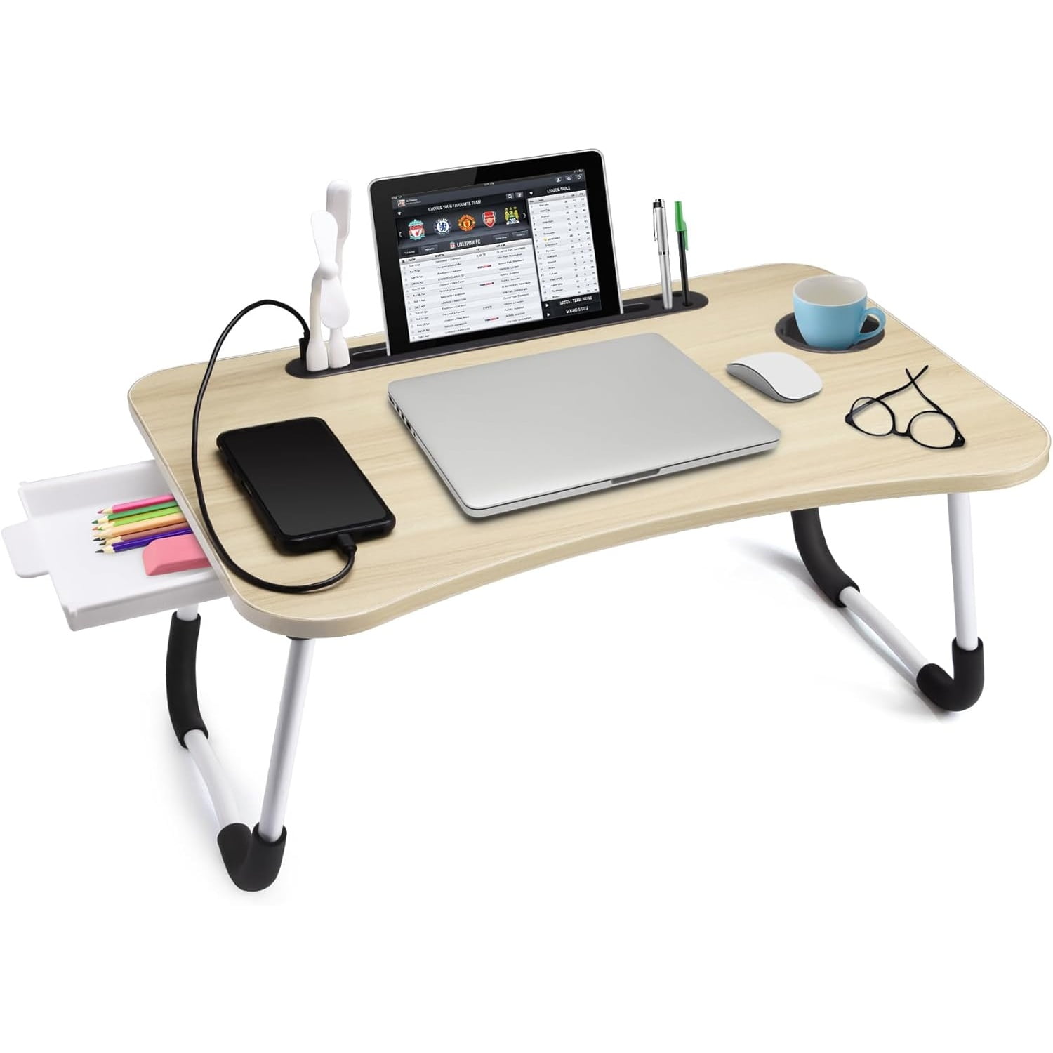 Lap Desk with Tablet Slot, Foldable Laptop Table with Storage Drawer,Portable Bed Desk for Laptop, Computer Tray with Cup Holder Notebook Stand Reading Holder for Couch Floor, White Maple