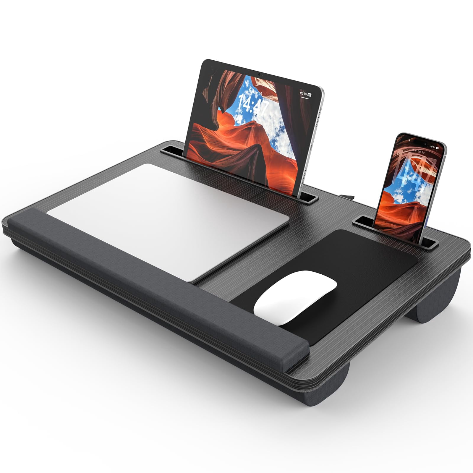 Lap Desk - Up To 17" Laptop With Wrist Rest  Portable Handle 2 Self-adhesive Pvc Mouse Pads Tablet & Phone Slots Stand For Bed Cushion (black)