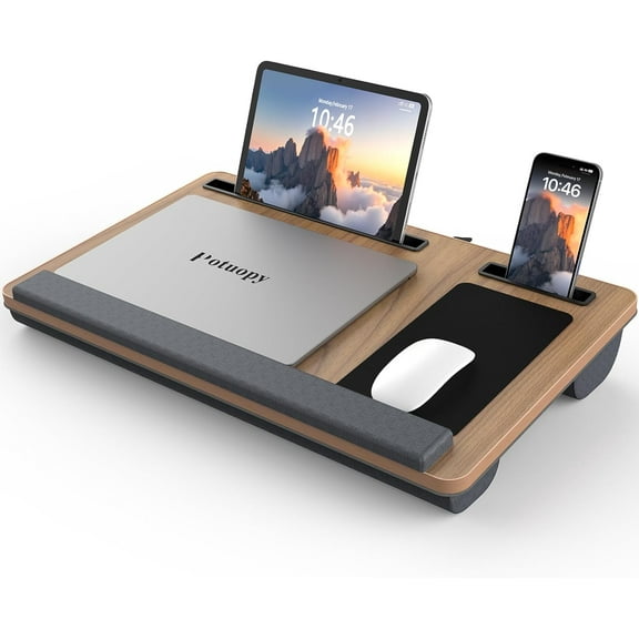 Lap Desk - Up to 17 Laptop with Wrist Rest, Portable Handle, Fixed Mouse Pad, Tablet & Phone Slots, Laptop Stand for Bed with Cushion