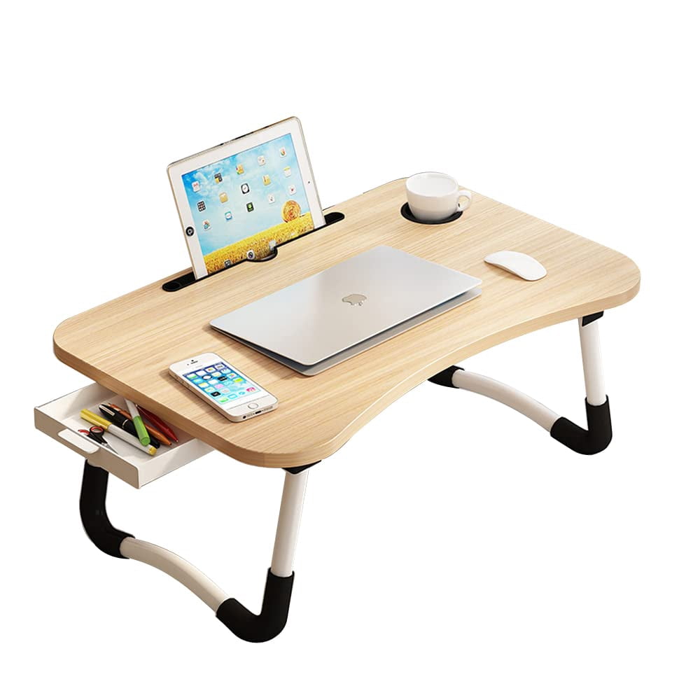 Lap Desk With Storage Drawer  Holders For Cup And Tablet Laptop Bed Tray Table Foldable Stand Portable Standing Sofa Couch Floor (23" Walnut)