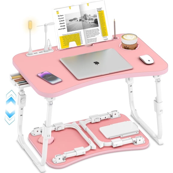 Lap Desk for Bed Adjustable Height, Foldable Table with Storage Drawer, Tablet Slot & Cup Holder, Portable Laptop Stand Sofa, Adults Kids, Pink