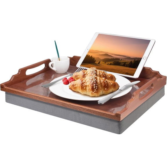 Lap Desk with Cushion and Phone Holder, Wooden Breakfast Tray in Sapele Wood, Rectangular, Classic Style