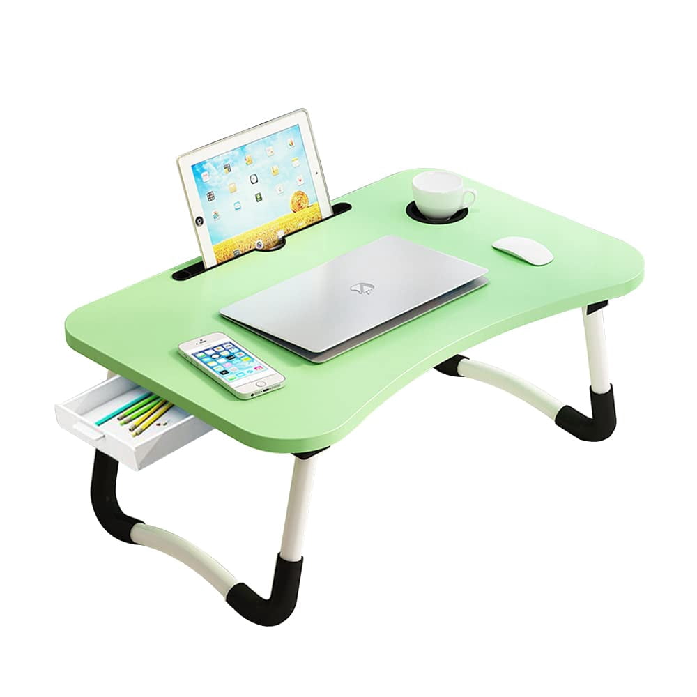 Lap Laptop Desk With Storage Drawer  Holders For Cup And Tablet Bed Tray Table Foldable Stand Portable Standing Sofa Couch Floor (23.6" Green)