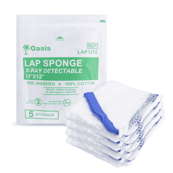 Sterile Lap Sponges, 12" X 12", Highly Absorbent, Pre-Washed & De-Linted, 100% Cotton, 5 Count