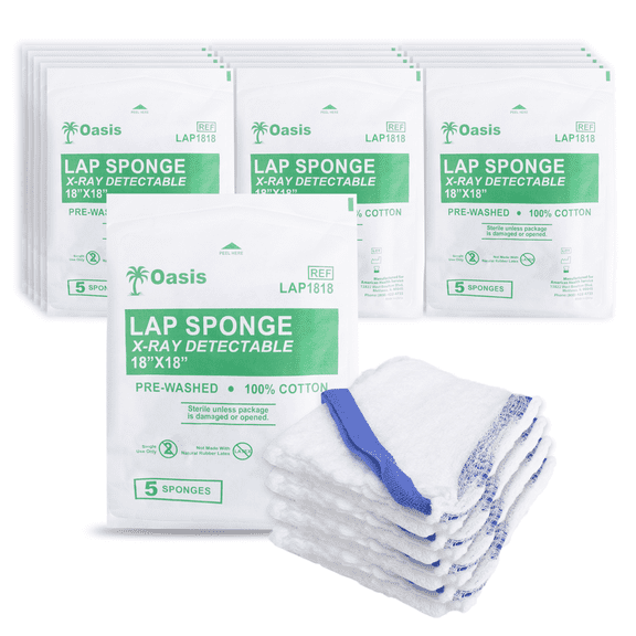 Sterile Lap Sponges, 18" X 18", 200 Count, Xray Detectable, Highly Absorbent, Pre-Washed & De-Linted, 100% Cotton, (40 Packs of 5)