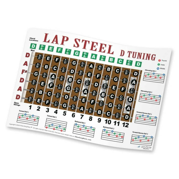 Lap Steel D Tuning Guitar Fretboard Note & Rolls Chart - Beginners & Intermediate Instructional Easy Poster Chords A New Song Music 11"x17"
