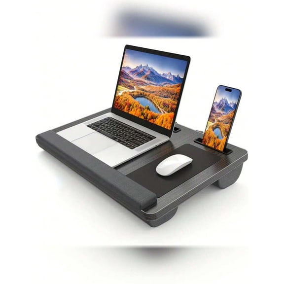 Lap Table With Wrist Rest, Includes Mouse Pad & Phone Holder, Gray Wood Grain Design, Fits Laptops Up To 15.6 Inches, For Home Office & Leisure Scenarios