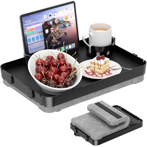 Lap Tray with Cushion Plastic Lap Desk with Cushion 15.5Large Breakfast in Bed Tray with Removable Cushion & Cup/Phone Holder, Lap Table with Laptop Pocket for Couch TV Adults Eating Gaming Black