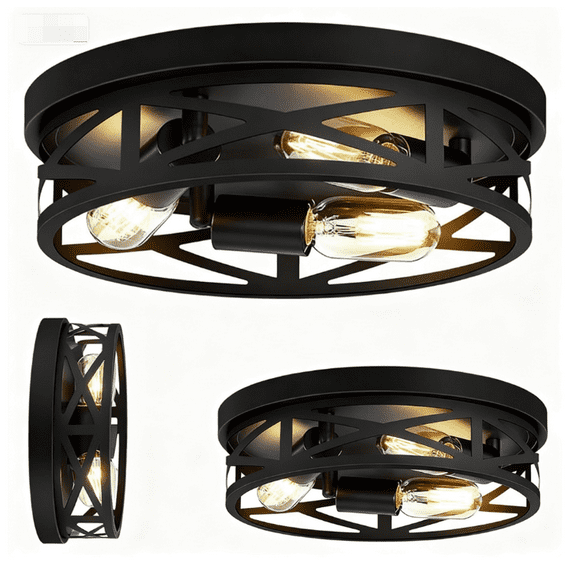 LapEasy 13 inch Black Flush Mount Hallway Light Fixtures, 3-Light Ceiling Light Fixture, E26 Base, Ceiling Light Fixture for Kitchen,Farmhouse,Hall,Bedroom,Bathroom