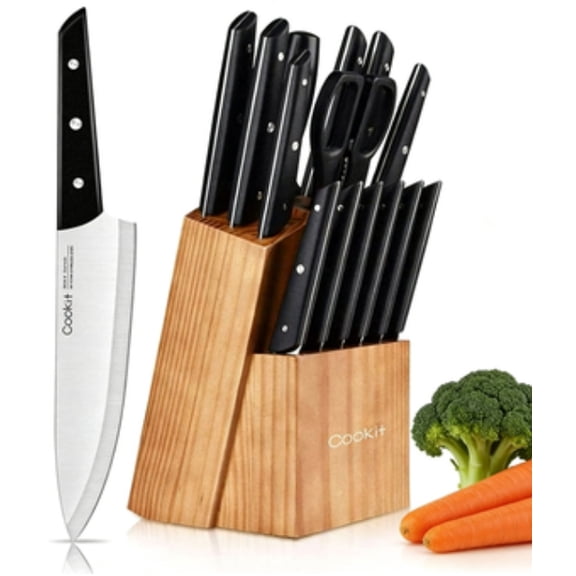 LapEasy Knife Sets, 15pcs Stainless Steel Kitchen Chef Knife Block Sets with Built-in Sharpener, Elegant Gift