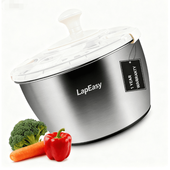 LapEasy Stainless Steel Salad Spinner, Transparent Lid & Drainage Hole, Non-Slip Base, Multi-Use Vegetable Dryer, Dishwasher Safe Fruit Washer, 5 Qt