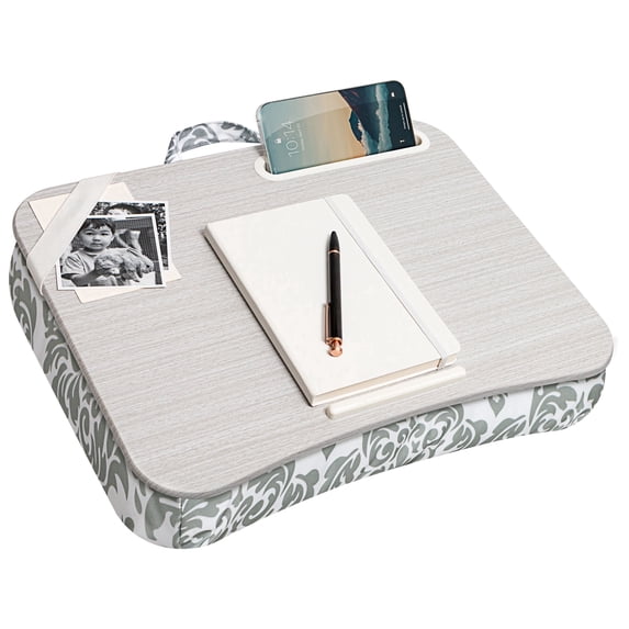 LapGear Designer Lap Desk with Phone Holder, Fits 15.6" Laptop, Gray Damask, Comfortable Cushion