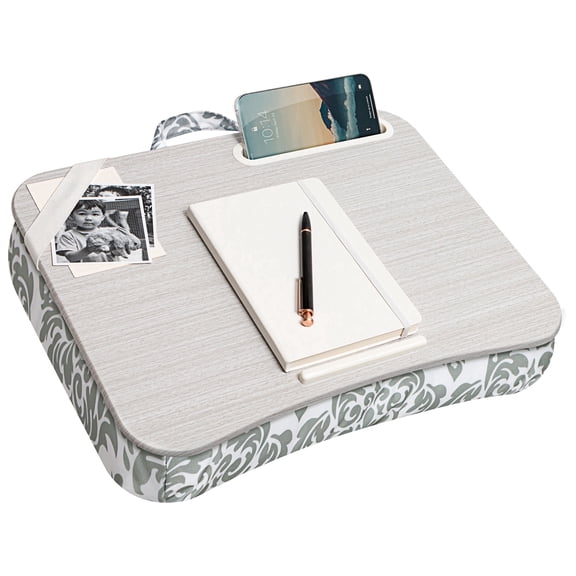 LapGear Designer Lap Desk with Phone Holder, Fits 15.6" Laptop, Gray Damask, Comfortable Cushion