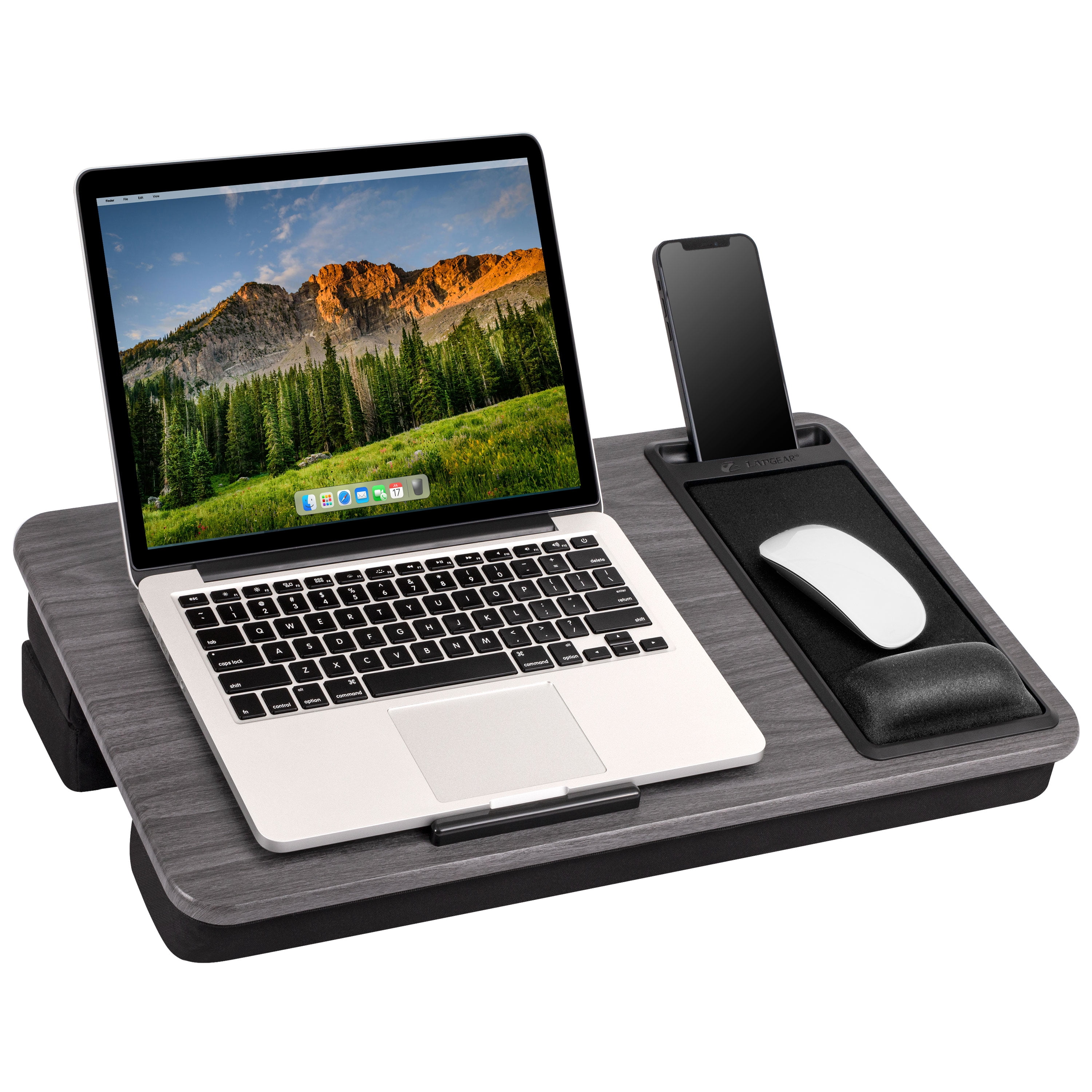 Gray Woodgrain Adjustable Lap Desk with Foam Cushion and Phone Holder