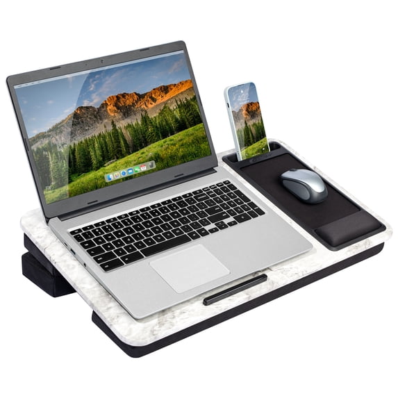 LapGear Elevation Pro Lap Desk with Wrist Rest and Adjustable Cushion, White Marble