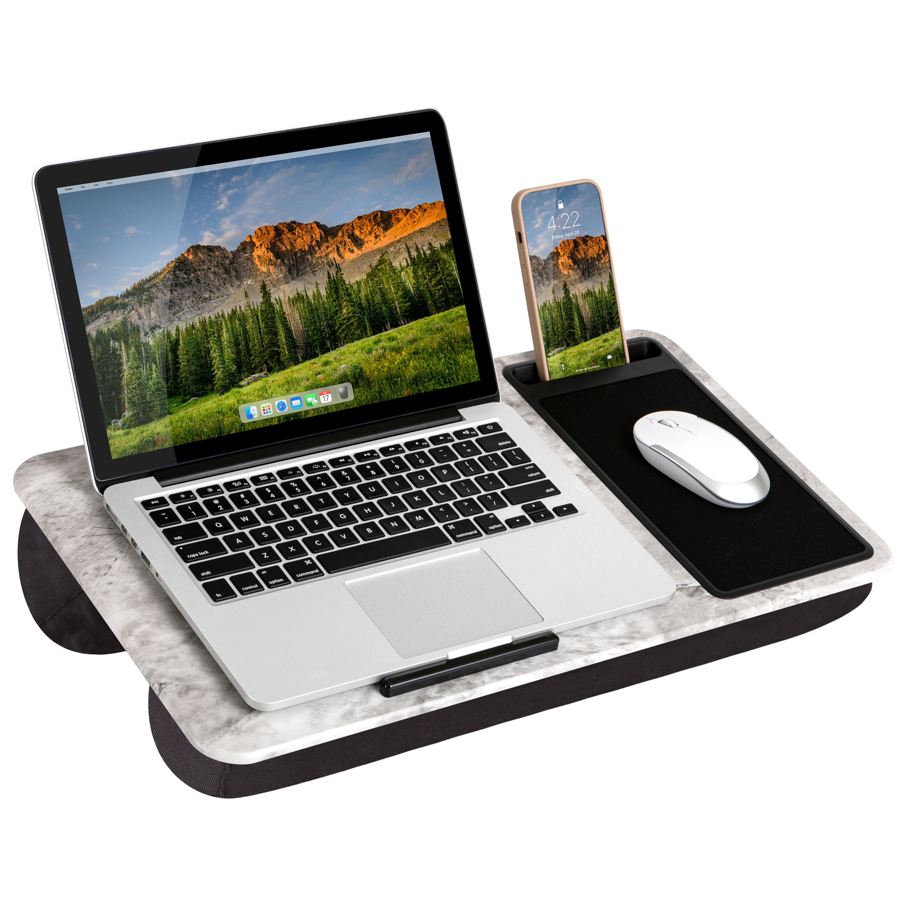 Elegant White Marble 15.6" Laptop Stand with Mouse Pad and Phone Slot