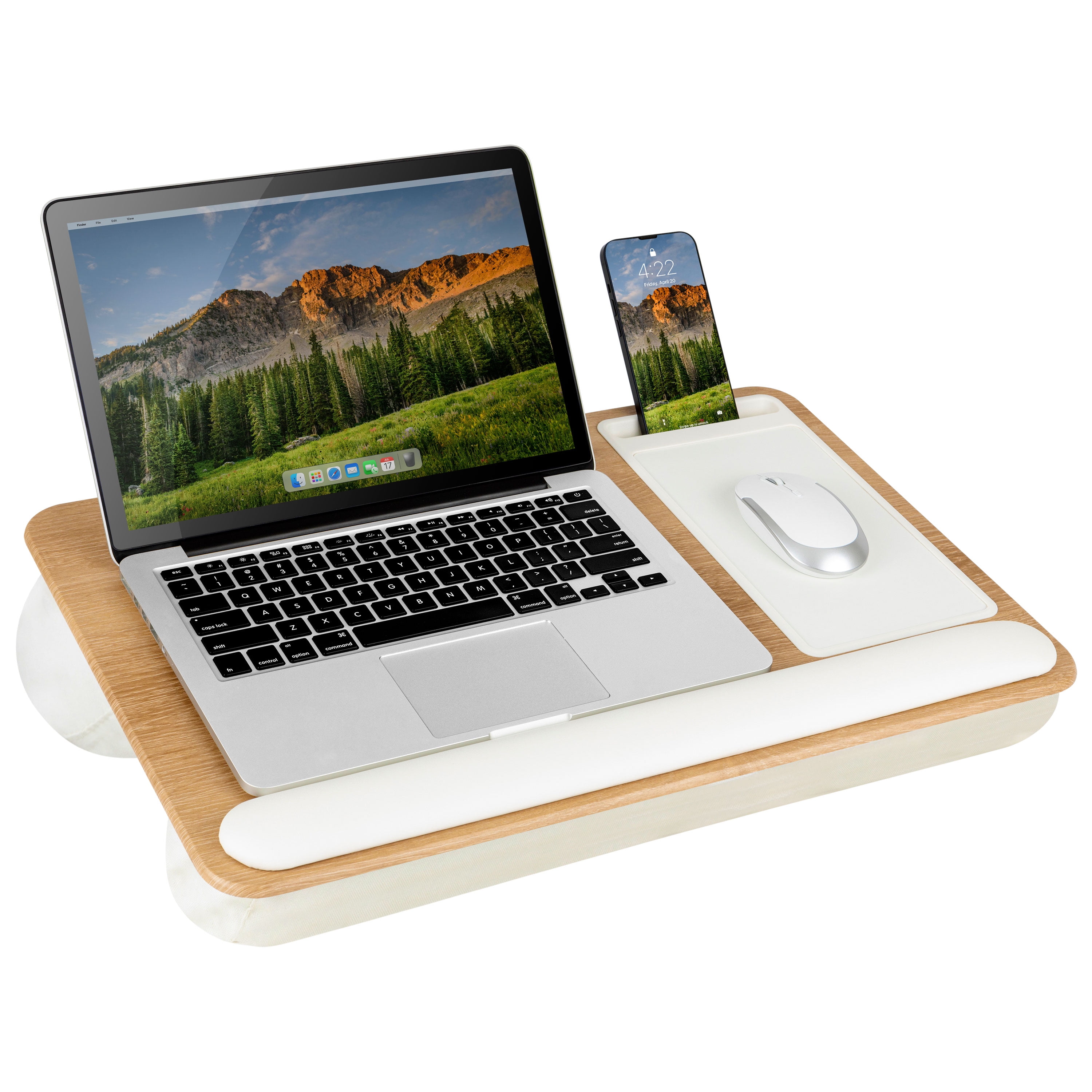 White Oak Woodgrain Lap Desk with Wrist Rest and Phone Holder