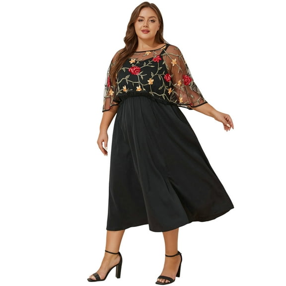 LapaPlus 2-Piece Elegant Womens Plus Size Dress Set: Embroidered Shawl & Suspender Dress with Pockets, Elastic Waist & Adjustable Straps – Perfect for Daily,Wedding, Cocktail Party, Holiday