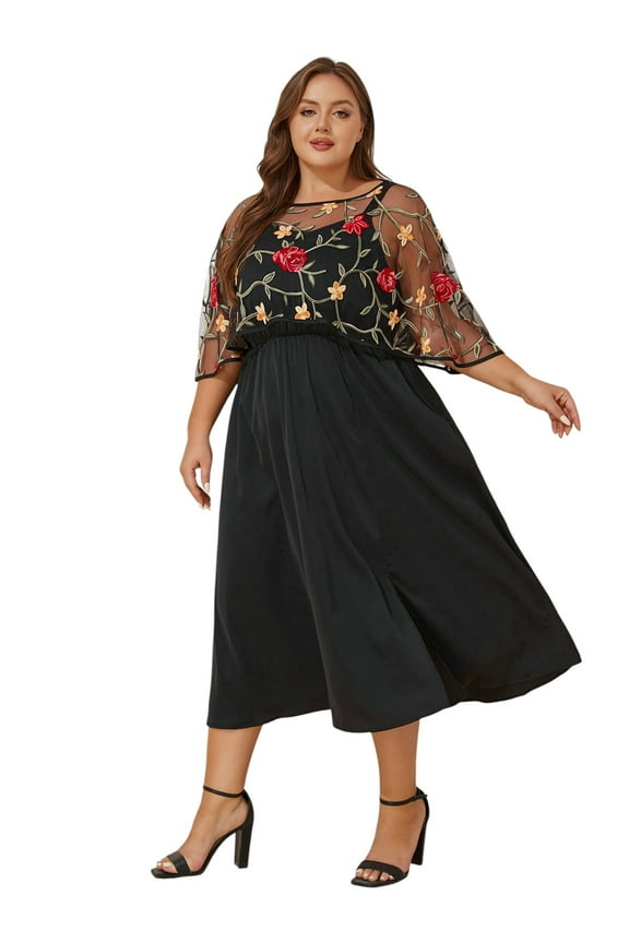 2-Piece Elegant Womens Plus Size Dress Set: Embroidered Shawl & Suspender Dress with Pockets, Elastic Waist & Adjustable Straps – Perfect for Daily,Wedding, Cocktail Party, Holiday