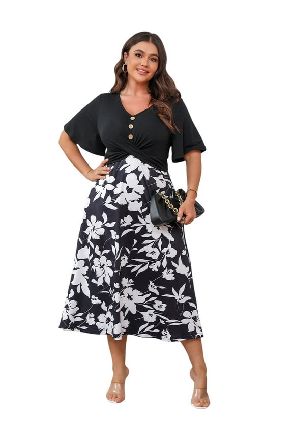 Elegant Floral Print Dress, Women's Flattering A-Line Party Dress, Plus Size Dresses(Sizes 0XL-5XL)