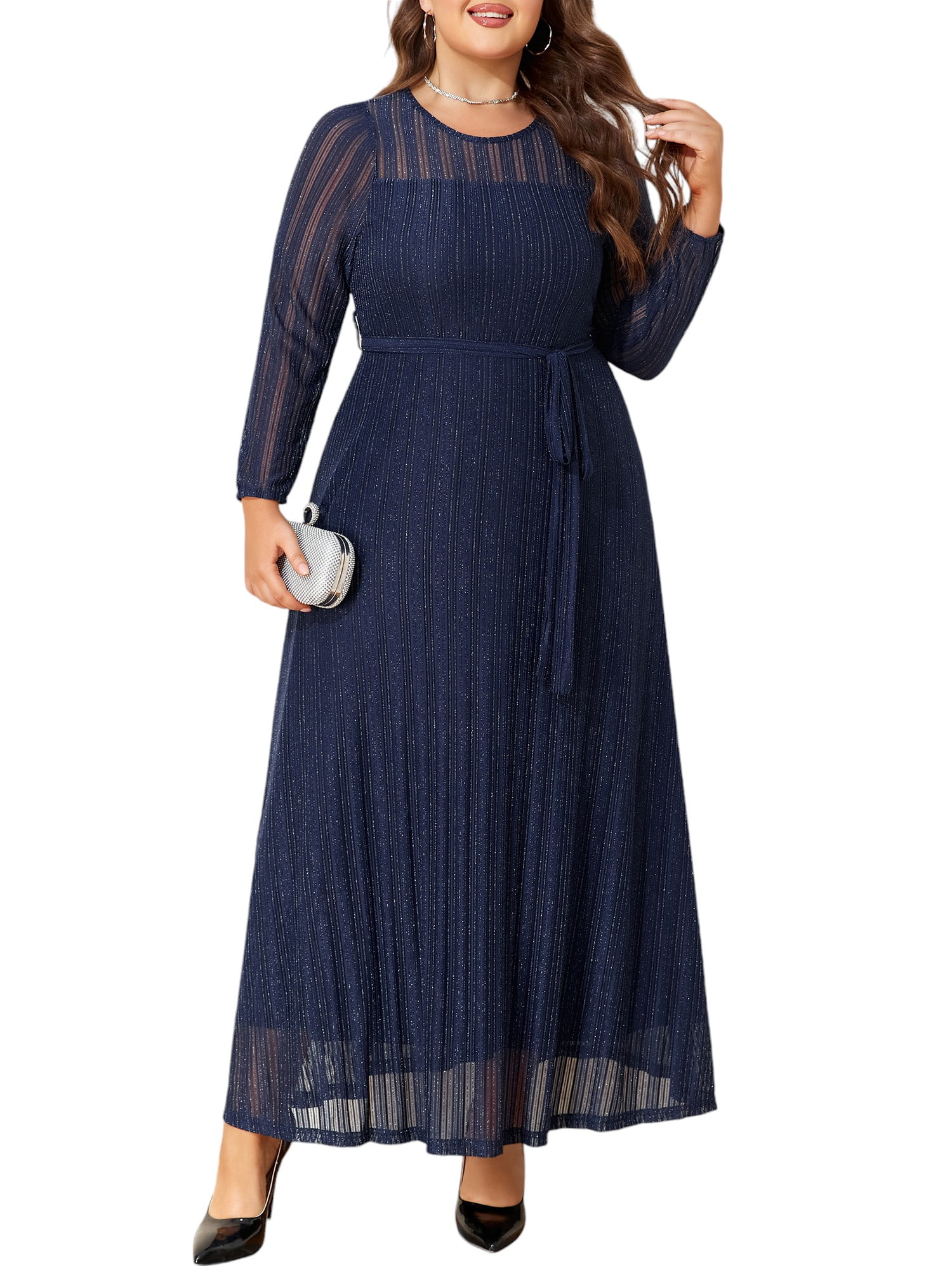 LapaPlus Damen Abendkleid Mit Spitze - 3/4 Ärmel Chiffon Midikleid Übergröße