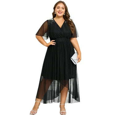 LapaPlus Plus Size Dresses for Curvy Women,Sparkly Studded Cocktail Party Dresses,Elegant Mesh Short Sleeve Ball Gown,Wedding Formal Guest Dresses