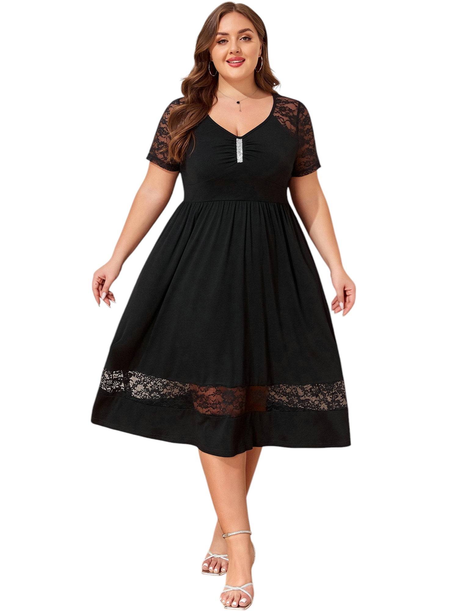 Plus Size Dresses for Womens Sequins Summer Casual Short Sleeve Elegant Lace Wedding Cocktail Party Dresses with Pockets