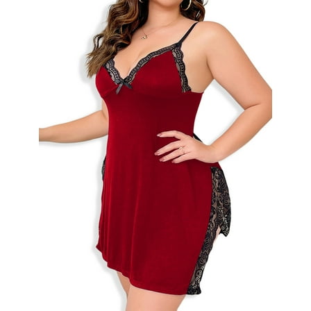 LapaPlus Plus Size Lace Nightwear for Women Elegant Chemise with Side Slit Comfortable Nightdress Sleepwear
