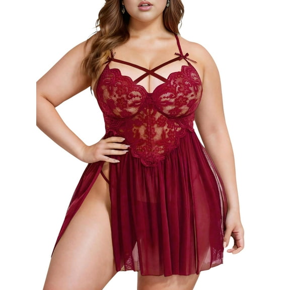 LapaPlus Plus Size Lingerie for Curvy Women XL-5XL Lace Nightwear Chemise Mesh Sleepshirts