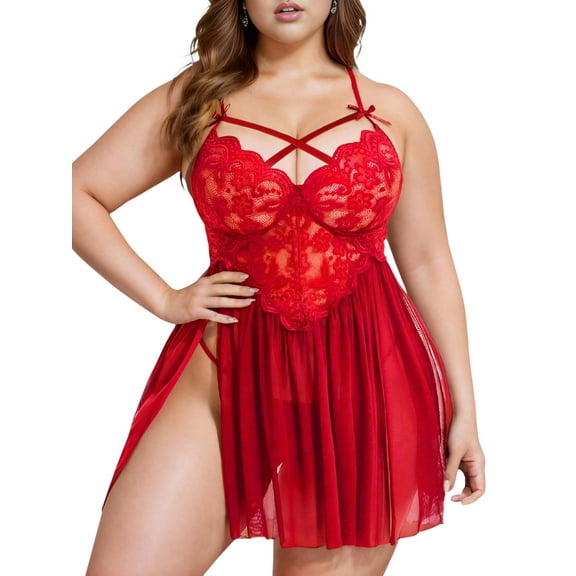 LapaPlus Plus Size Lingerie for Curvy Women XL-5XL Lace Nightwear Chemise Mesh Sleepshirts