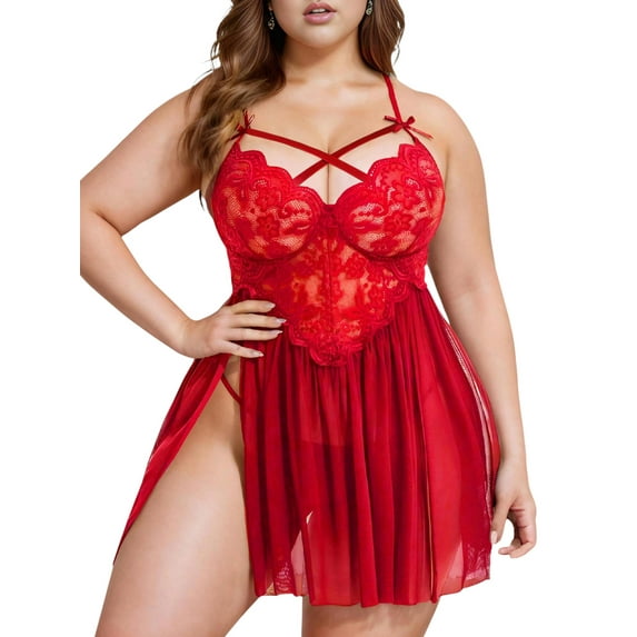 LapaPlus Plus Size Lingerie for Curvy Women XL-5XL Lace Nightwear Chemise Mesh Sleepshirts