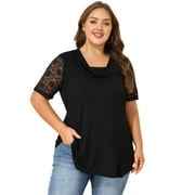 LAPAPLUS Plus Size Tops for Women Swinging Collar Lace Short Sleeve Ruched Summer Pullover Tunic Blouse
