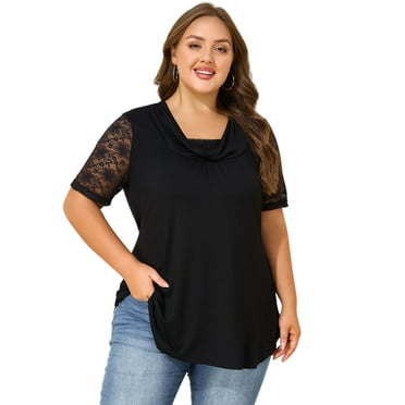 LapaPlus Plus Size Tops for Women Swinging Collar Lace Short Sleeve Ruched Summer Pullover Tunic Blouse