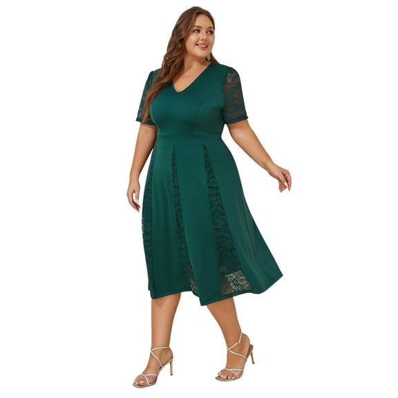 LapaPlus Plus Size Wedding Guest Dress for Women Lace Trimmed Lined Formal Maxi Dress for Party Cocktail, Green XL-5XL